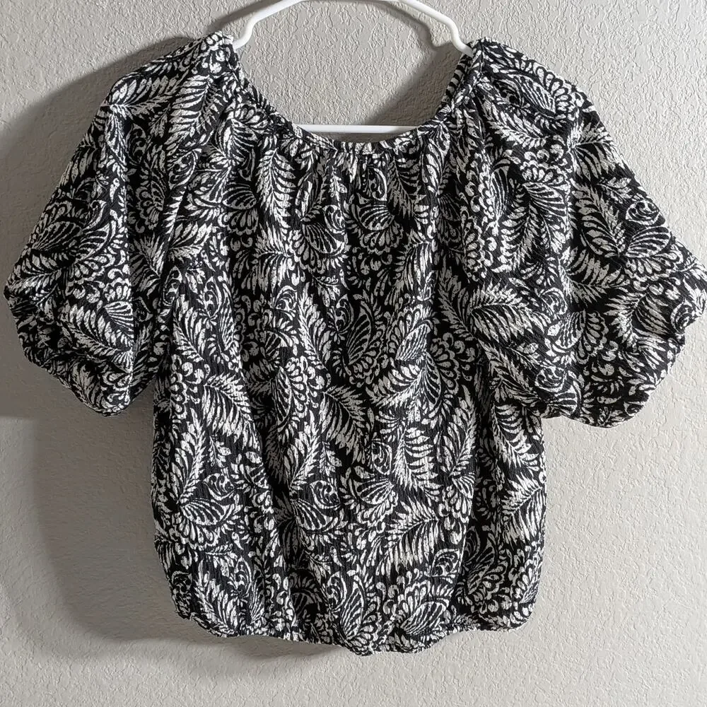 LOFT Black & White Textured‎ Botanical Puff Sleeve Blouse Size Small